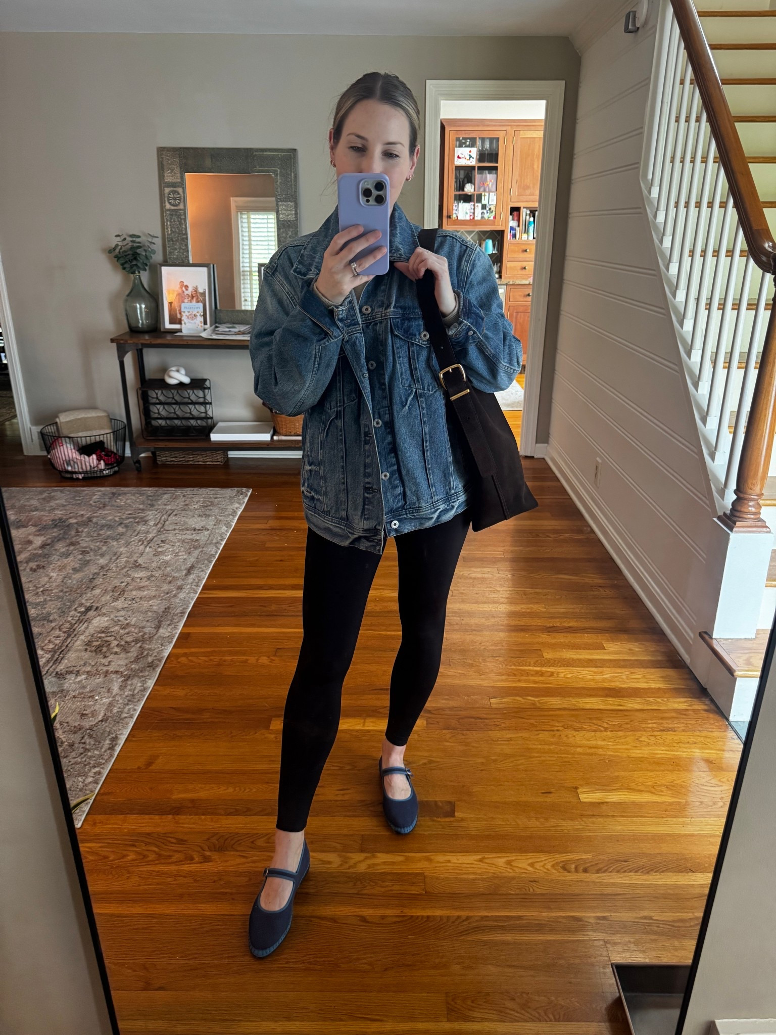 Casual OOTD from earlier today for errands - Ok these are seriously the best leggings! They suck you in and not see through. Also how cute are these shoes?! It’s a new brand from Spain I found and I’m loving all the feminine details on the shoes. Also sporting my new baby (chocolate brown tote) for fall! 🤎 My jean jacket is my husbands (men’s size) jcrew - linking similar! 

#LTKShoeCrush #LTKFallSale #LTKSeasonal
