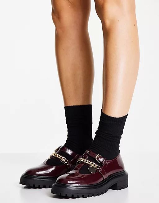 ASOS DESIGN Maxy chunky mary jane flat shoes in burgundy | ASOS (Global)