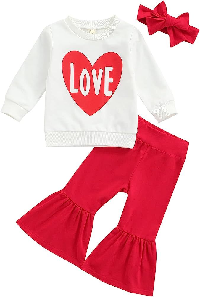 Toddler Baby Girls Valentine's Day Outfits Ruffle Dress Top and Love Heart Printed Leggings Pants Gi | Amazon (US)