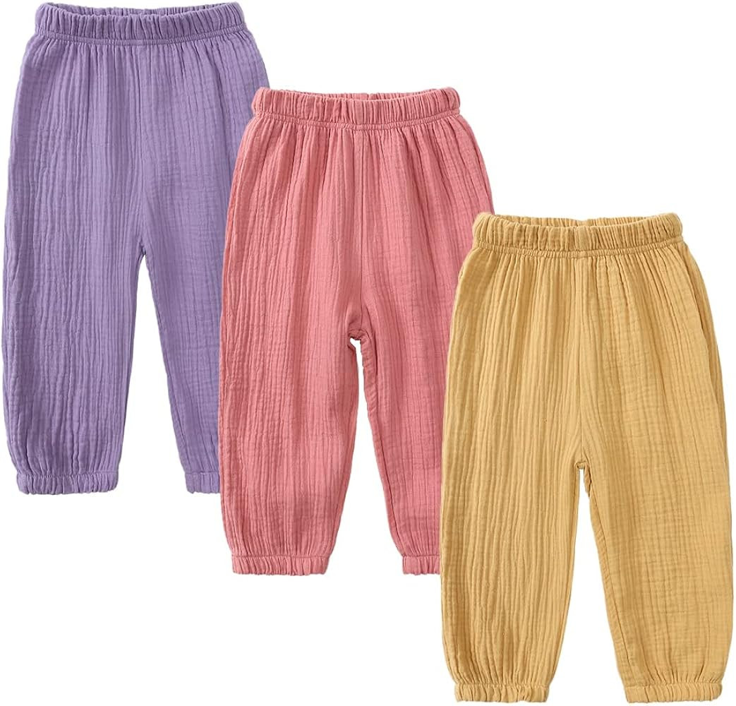 Kids Tales 3 Pack Boys Girls Cotton Linen Pants Child Basic Plain Solid Trousers Big Kids Elastic... | Amazon (US)