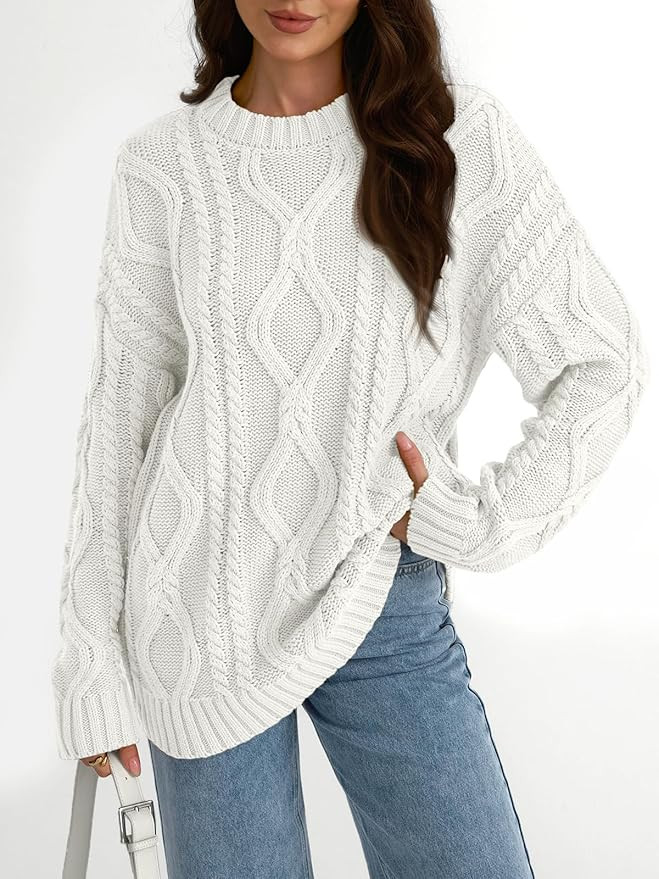 Trendy Queen Women's Oversized Cable Knit Crewneck Sweaters | Amazon (US)