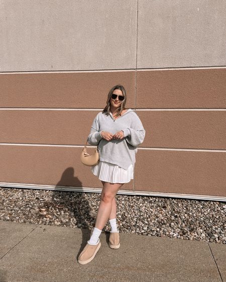 Neutral midsize spring outfit - grey quarter zip sweatshirt, white pleated tennis skort, Ugg tazz platforms, Amazon accessories 

Spring ootd, casual spring style 


#LTKmidsize #LTKSeasonal #LTKSpringSale
