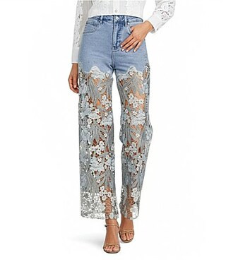 Bayeas Stretch Denim High Rise Lace Embellished Wide Leg Ankle Jeans - 32 | Dillard's
