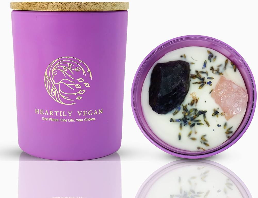 Heartily Vegan Lavender Vanilla Scented Soy Wax Candles Decorated Pink and Amethyst Quartz Minera... | Amazon (US)