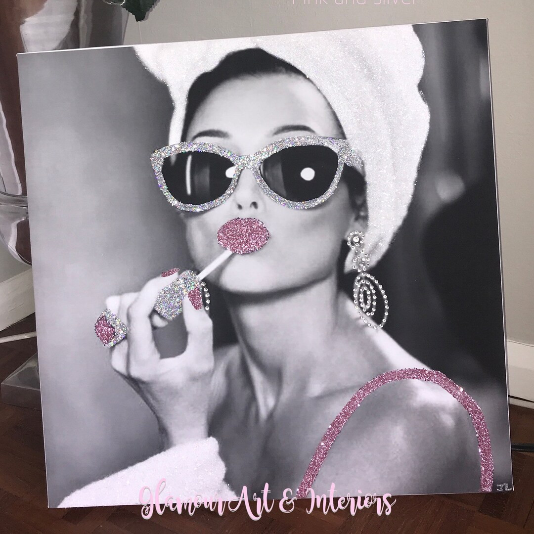 Audrey Hepburn  style,  Glitter canvas  sparkly canvas, lady towel lipstick  glamour wall art sal... | Etsy (US)