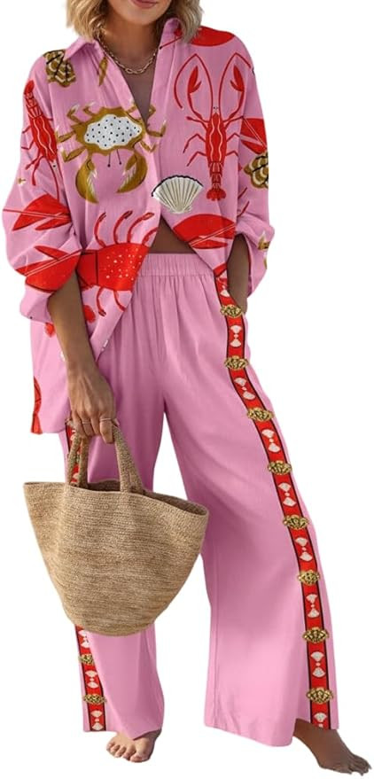 Women's 2-Piece Long Sleeve Shirt & Wide-Leg Pants Set Loose Print Outfit for Beach Vacation & Ca... | Amazon (US)