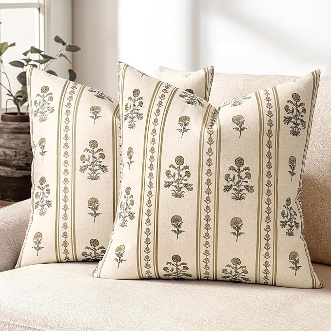Striped Floral Throw Pillow Covers 20x20 Inch Set of 2 Walnut | Decorative Farmhouse Boho Botanic... | Amazon (US)