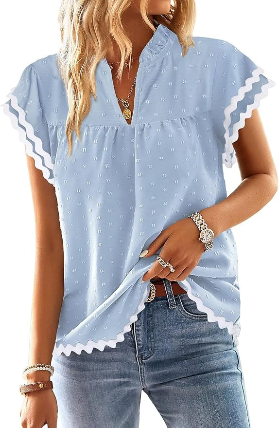 Womens Tops Summer Short Ruffle Sleeve V Neck Blouses Cute Boho Swiss Dot Lace Shirts Casual Flow... | Amazon (US)