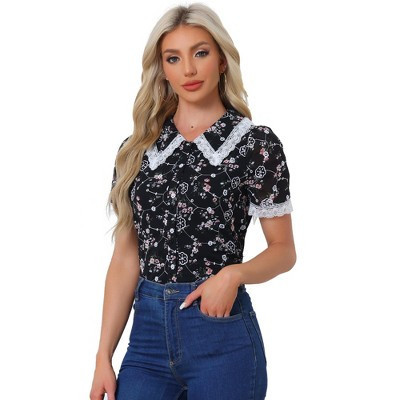 INSPIRE CHIC Women's Peter Pan Collar Lace Trim Embroidered Casual Floral Blouse X-Small Black | Target