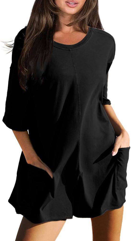 Glamaker Women's Summer Oversized Tee Romper Casual Workout Athletic Romper Onesie Backless Loose... | Amazon (US)