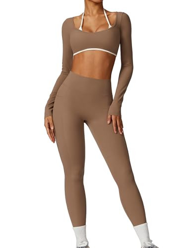 AGYMNX Workout Sets for Women 2 Piece Outfits Seamless High Waist Leggings Yoga Long Sleeve Crop Tops Athletic Gym Sets Brown L | Amazon (US)