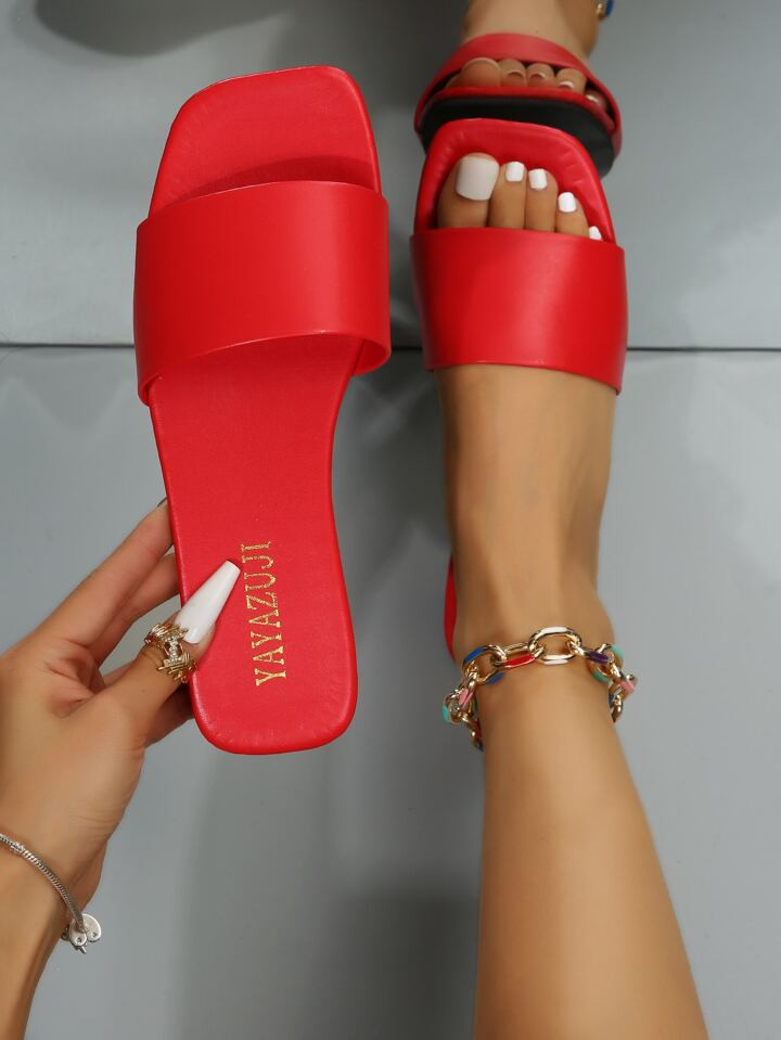 Minimalist Outdoors Red Flat Slippers for Women, Single Band Plain Artificial Leather Open Toe Sl... | SHEIN