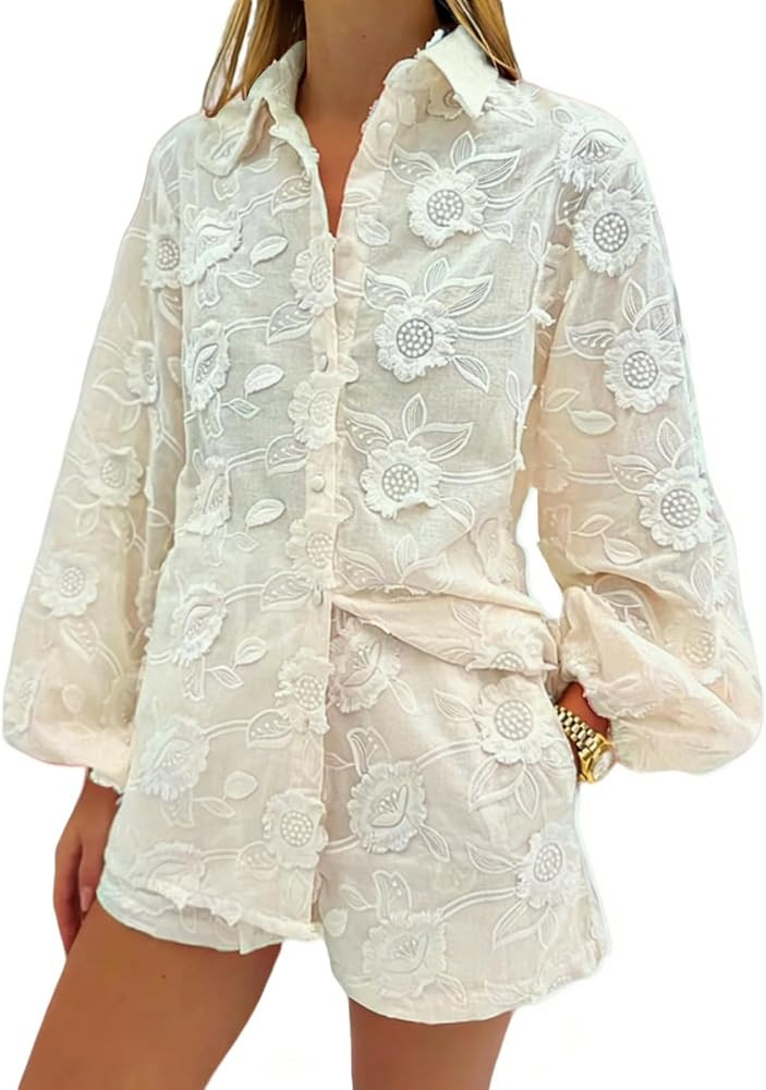 Women Two Piece Sets Dressy Long Sleeve Floral Embroidery Casaul Lace Blouse and Shorts with Tied... | Amazon (US)