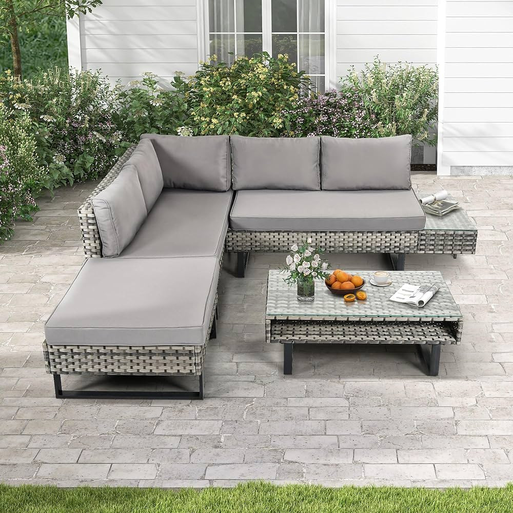 DWVO Patio Furniture Set, Sectional L-Shaped Sofa, for Patio Backyard Poolside Porch, Wicker Conv... | Amazon (US)