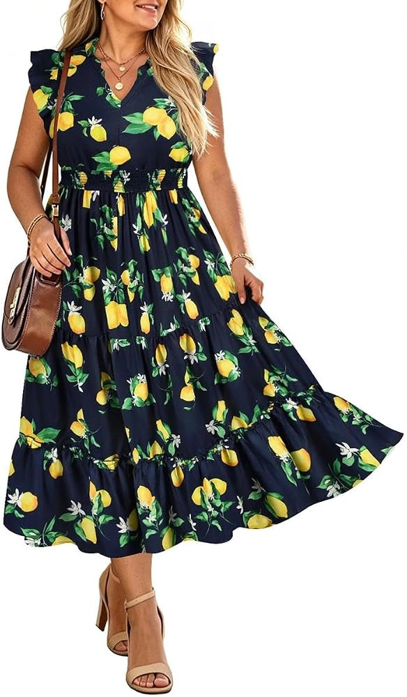 RITERA Plus Size Dress for Curvy Women Summer Cap Sleeve V Neck Boho Maxi Dresses Floral/Gingham/... | Amazon (US)