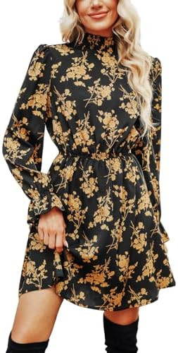 CUPSHE Women's Mock Neck Floral Mini Fall Dress Long Ruffle Sleeve Elastic Waist Smocked Casual F... | Amazon (US)