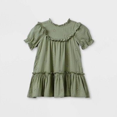 Toddler Girls&#39; Embroidered Short Sleeve Dress - Cat &#38; Jack&#8482; Army Green 12M | Target