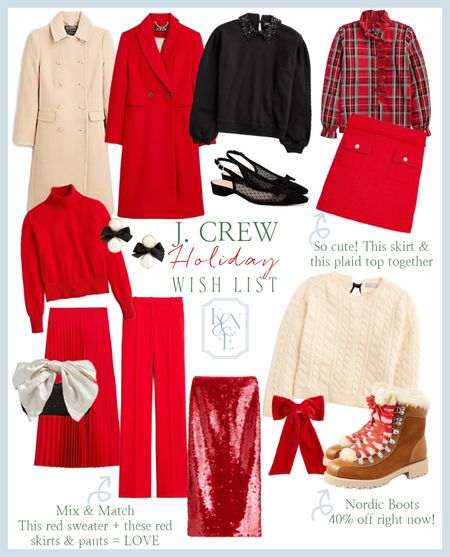 J. Crew picks for holiday: red sequins skirt, Nordic boots ON SALE 40% off, red cashmere sweater,  red wool coat, off white wool coat, winter white, red tartan top, red skirt, red pants, red pleated midi skirt, Pearl bow earrings, black sling back shoes, white cable knit sweater, embellished collared shirt

#LTKsalealert #LTKHoliday #LTKover40