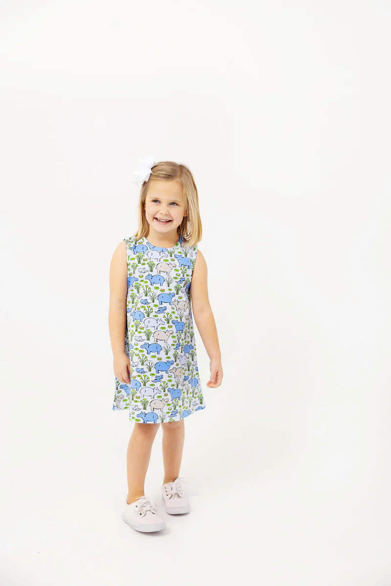 Sleeveless Polly Play Dress - Bal Harbour Hippo (Blue) | The Beaufort Bonnet Company