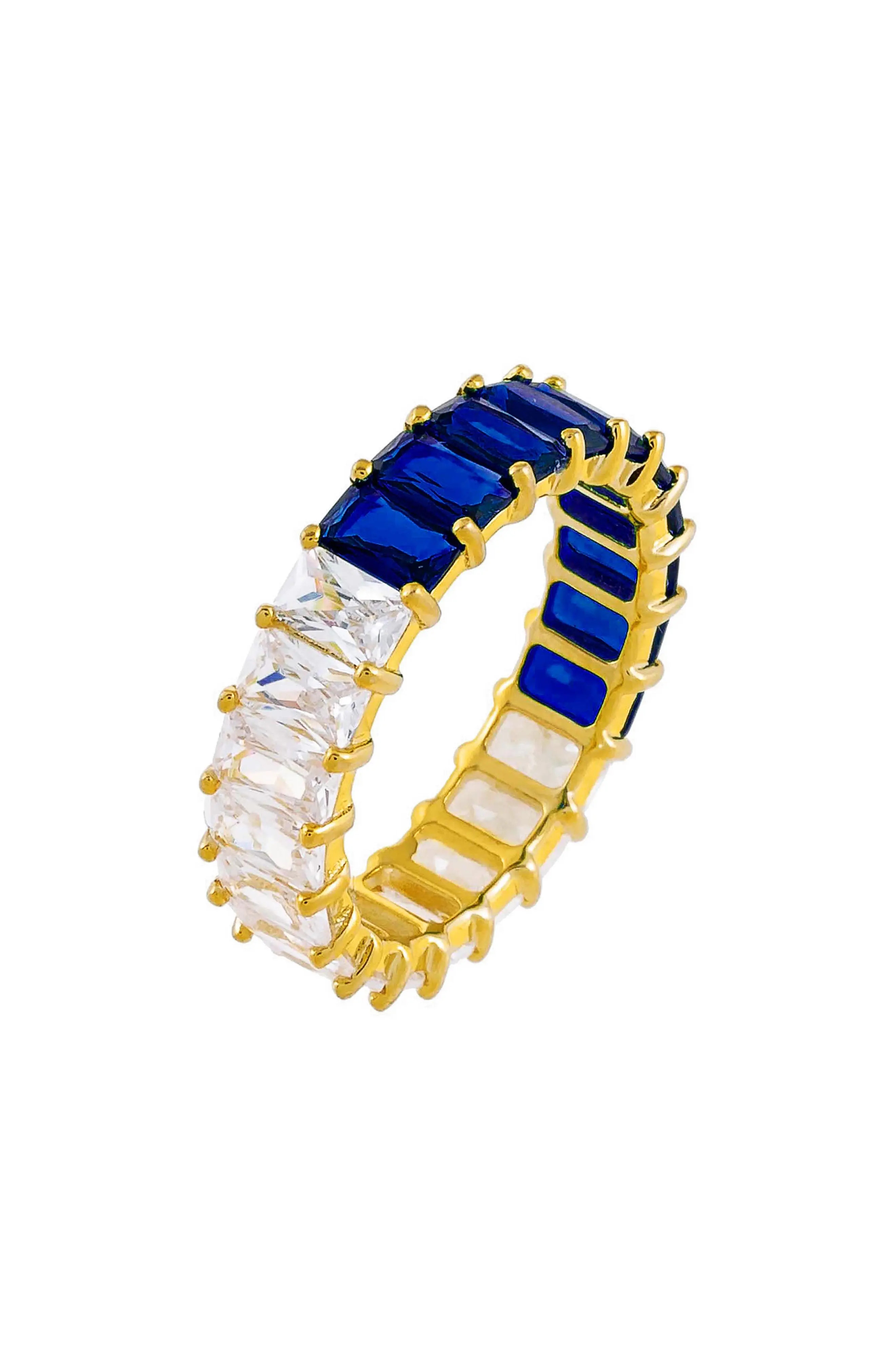 Adina's Jewels Two Tone Baguette Cubic Zirconia Ring in Sapphire Blue at Nordstrom, Size 8 | Nordstrom