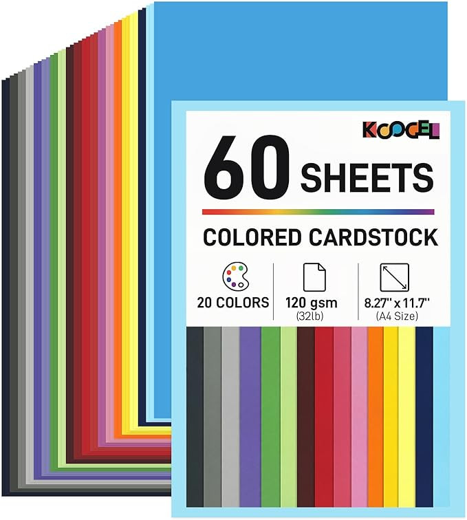 Koogel 60 Sheets Colored Craft Paper, 8.27" x 11.7" (A4 Size), 20 Assorted Colors, 120gsm/32lb Li... | Amazon (US)