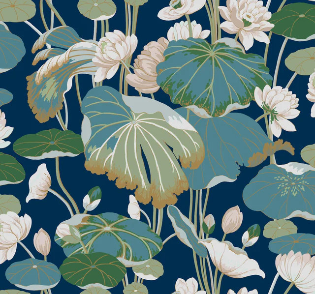 York Wallcoverings Lotus Pond Navy Metallic Wallpaper | DecoratorsBest