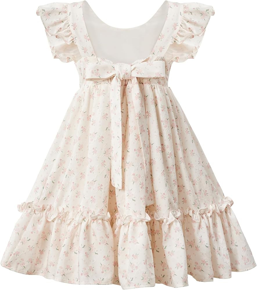 Girls Floral Dress Square Back Bow Flutter Sleeves Summer Casual Dress Rose 3-9 Y | Amazon (US)