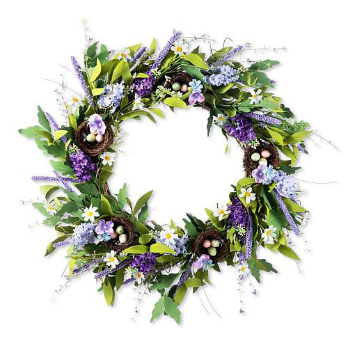 Glitzhome 24"" Easter Wreath with Lavender, White Flowers & Bird Nests | HSN