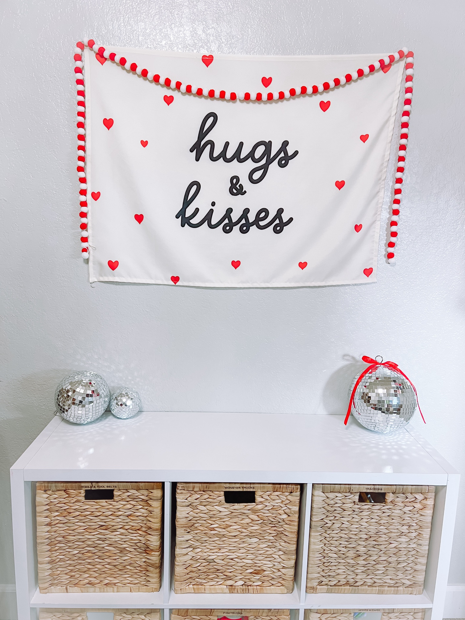 Valentines playroom! Hugs and Kisses Hunny prints banner, disco ball decor, cube organizer from target, ikea bins

#LTKhome #LTKkids #LTKfamily