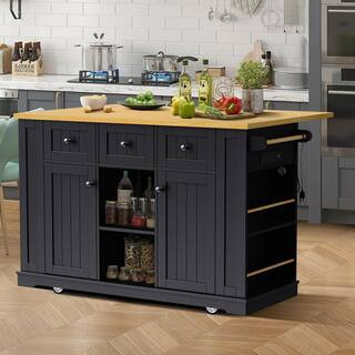 Black Kitchen Cart with Drop-Leaf Tabletop, Door Internal Storage Racks, Power Outlet, 5 Open Side Racks | The Home Depot