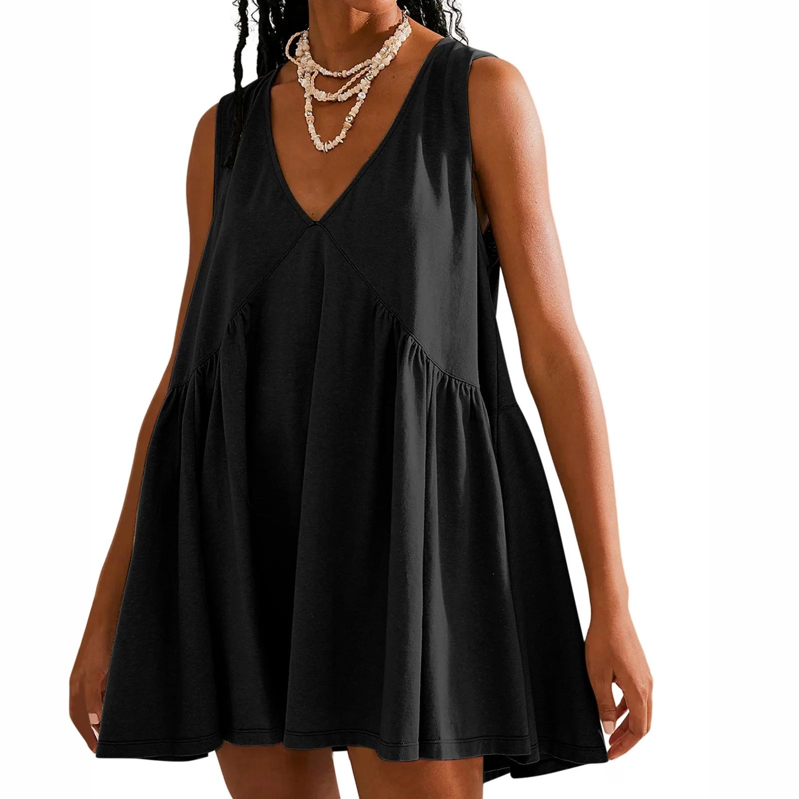 Dasayo Mini Women Dresses Black Sleeveless Casual Dresses V Neck Solid Daily Dresses | Walmart (US)