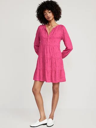 Puff-Sleeve Embroidered Tiered Mini Swing Dress for Women | Old Navy (US)