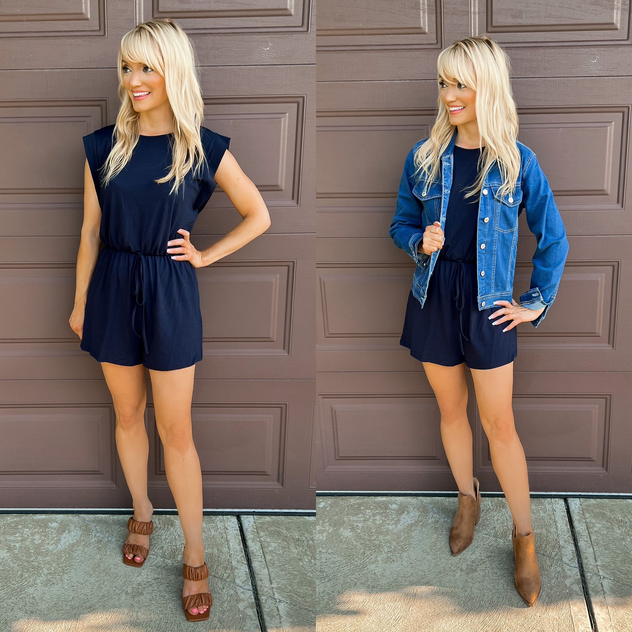 Styling this navy blue romper by SheIn for summer and fall - denim jacket - brown ankle boots under $55- fall transition outfit - fall fashion - Amazon Fashion - Amazon Finds - Amazon Deals 

#LTKSeasonal #LTKsalealert #LTKstyletip