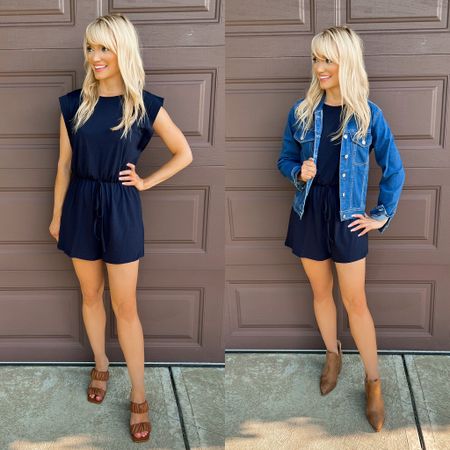 Styling this navy blue romper by SheIn for summer and fall - denim jacket - brown ankle boots under $55- fall transition outfit - fall fashion - Amazon Fashion - Amazon Finds - Amazon Deals 

#LTKSeasonal #LTKsalealert #LTKstyletip