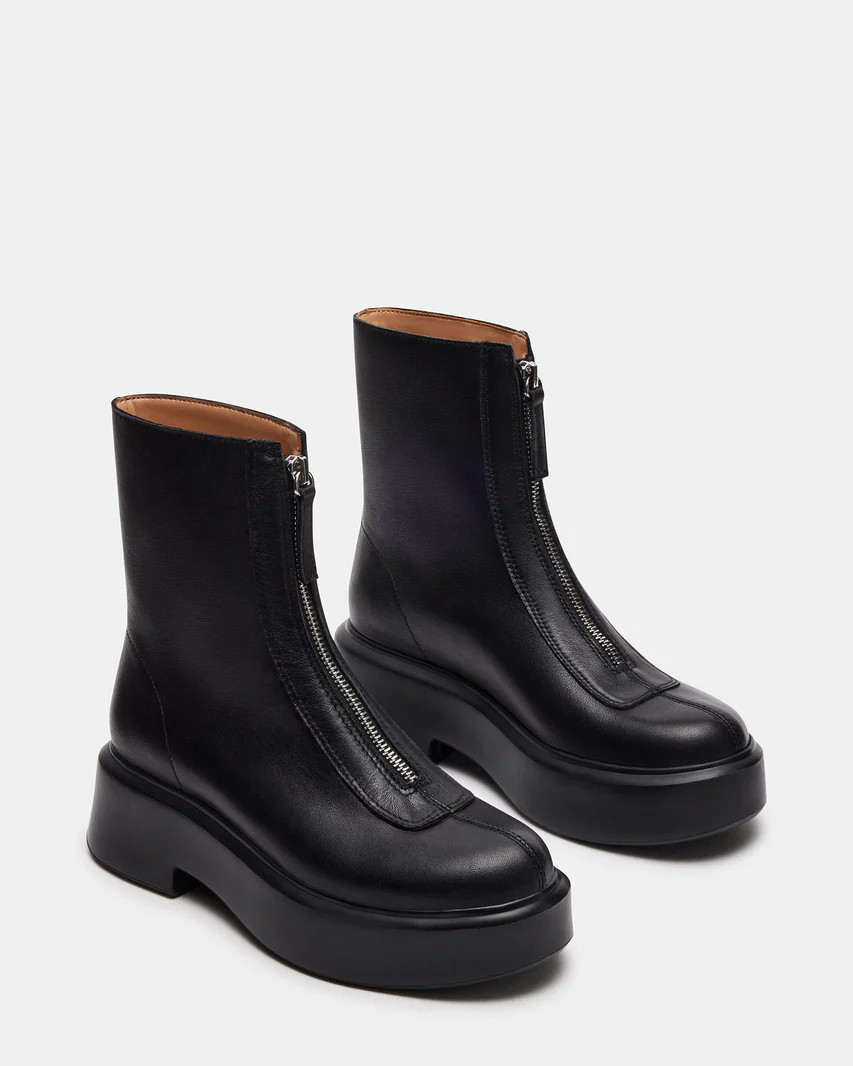 JONES Black Leather Zipper Lug Ankle Boot | Women's Booties | Steve Madden (US)