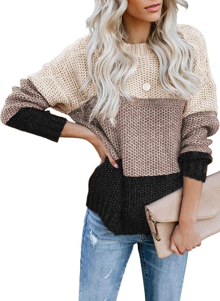 Tiksawon Womens Color Block Striped Oversized Crew Neck Sweaters Pullover Fashion Long Sleeve Loo... | Amazon (US)