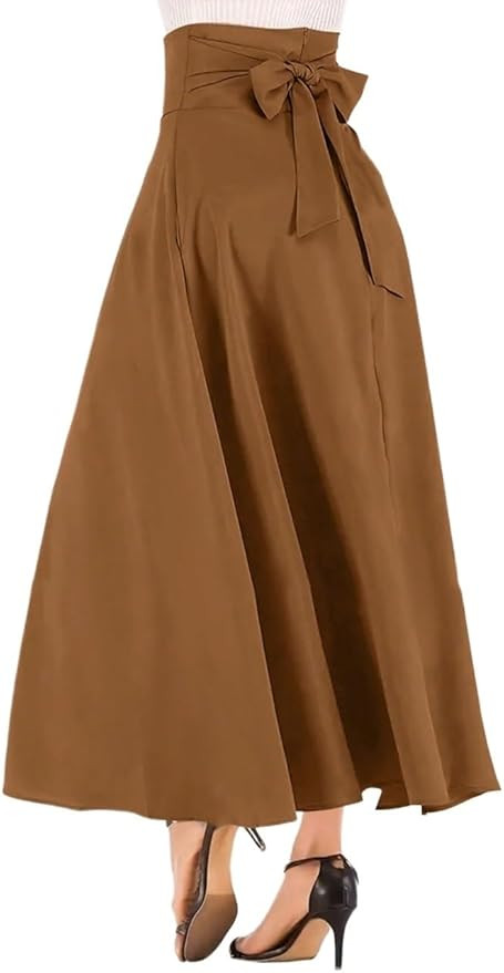 ELDINA Women's 2024 Summer Ruffle Hem Long Skirt Women Solid Color Elegant Tie Back Skirt | Amazon (US)