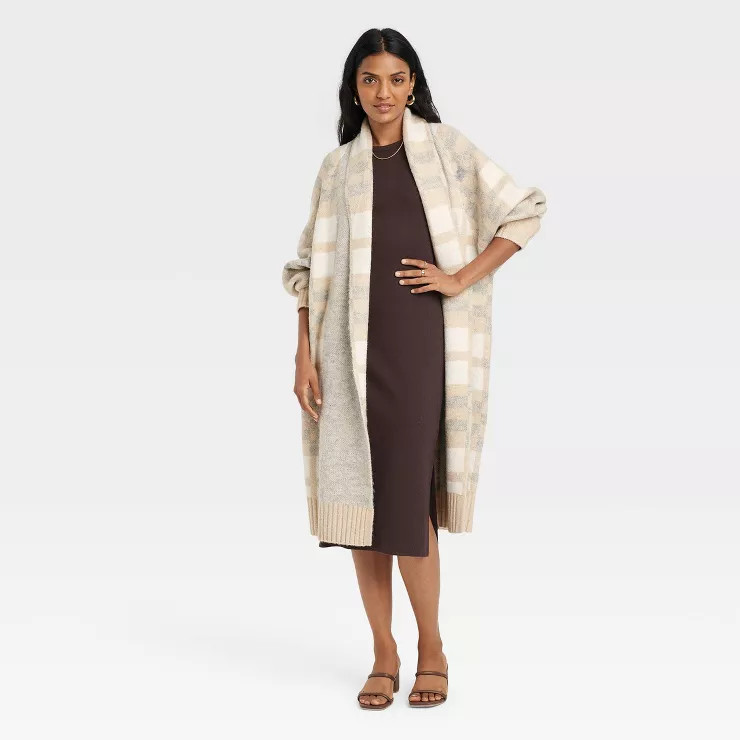 Women's Coatigan Sweater - A New Day™ Gray Plaid XS | Target