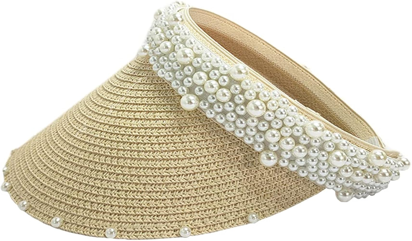 Women's Visor Beach Hat Packable Straw Hat Summer Straw Sun Hat with Decoration Pearl | Amazon (US)