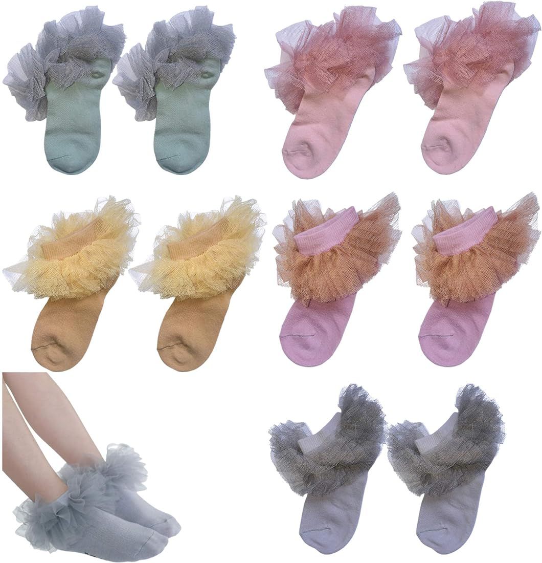 Frillybutts 5 Pairs Girl Lace Tutu Socks.Baby toddler Girls Eyelet Turn Cuff Ruffle Lace Socks Tr... | Amazon (US)