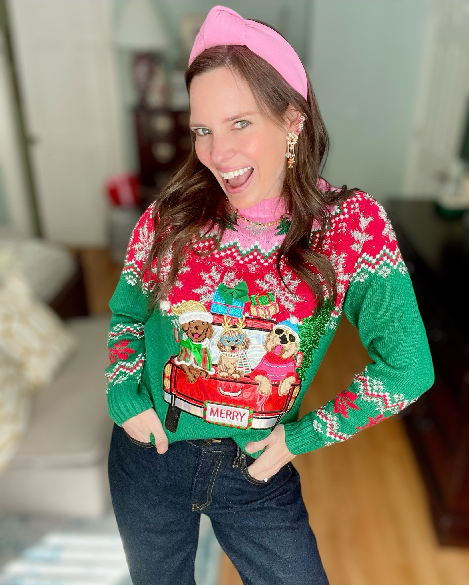 🎄✨ Festive + Fun Holiday Outfit 🎁
This Christmas look is giving playful holiday party energy! I paired the cutest Holiday Time embellished sweater with my favorite Free Assembly dark denim for a comfy, flattering fit. Added pops of pink with a Lele Sadoughi style knotted headband and these sparkly bow-detail ballet flats that look designer but are Amazon (I know!!). Finished it off with the sweetest gingerbread jewelry from BaubleBar — it’s just whimsical holiday magic. 💗🍬

Perfect for: classroom parties, cookie swaps, Christmas shopping days, holiday themes at work, or just being the festive mom 🎅🏻💕

⸻

Shop My Look:
• Holiday Time Embellished Christmas Sweater
• Free Assembly Wide Leg Dark Denim
• Bubblegum Pink Knotted Padded Headband
• Sparkly Bow Ballet Flats (AMAZON 😍)
• BaubleBar Gingerbread Earrings
• BaubleBar Holly Jolly Charm Necklace / Bracelet

⸻


holiday outfit idea, festive outfit inspo, Christmas party outfit, Walmart holiday finds, cute ugly sweater outfit, holiday style 2025, pink holiday outfit, BaubleBar Christmas jewelry, Amazon sparkle flats, holiday mom style, classroom holiday party look, colorful Christmas outfit, under budget Christmas look, Walmart winter fashion, Free Assembly denim styling, cozy cute holiday sweater outfit, merry + bright aesthetics, gingerbread accessories, holiday accessories for women ✨🍬🎄

#LTKFindsUnder50 #LTKGiftGuide #LTKHoliday

#LTKFindsUnder50 #LTKGiftGuide #LTKHoliday