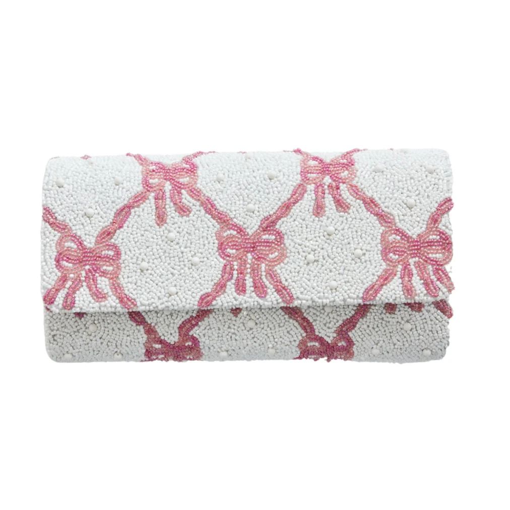 Large Straight Flap Clutch in Pink Bows | Beth Ladd Collections