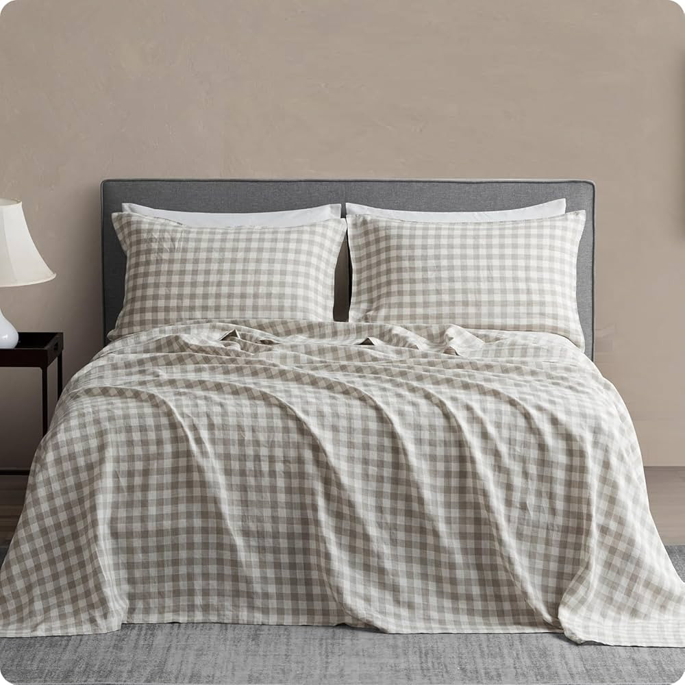 DAPU Pure Linen Sheets Set, Gingham Check Plaid 100% Washed Linen Bedding with Envelope Closure, ... | Amazon (US)