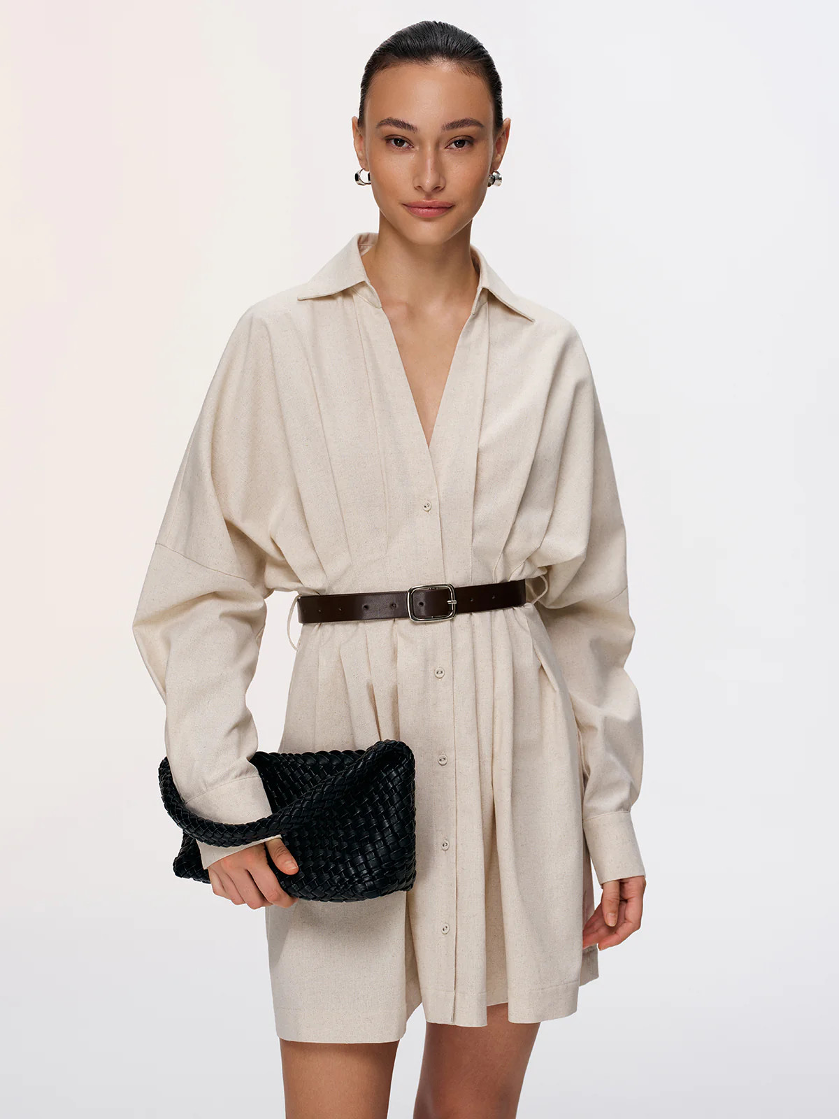 Pleated Cotton-Linen Belted Shirt Dress | Commense