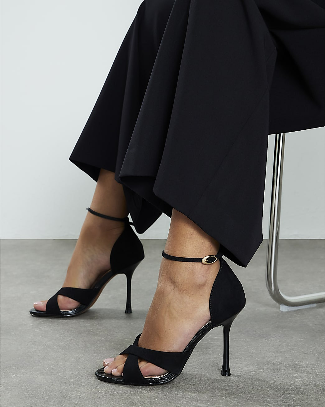 Black Cross Over Strap Heeled Sandals | River Island UK & IE