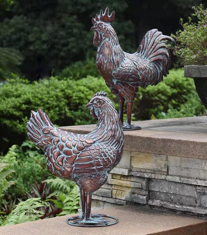 Set of 2 Metal Chicken Decor for Garden and Home Decoration Antique Copper Rooster Statue | Amazon (US)