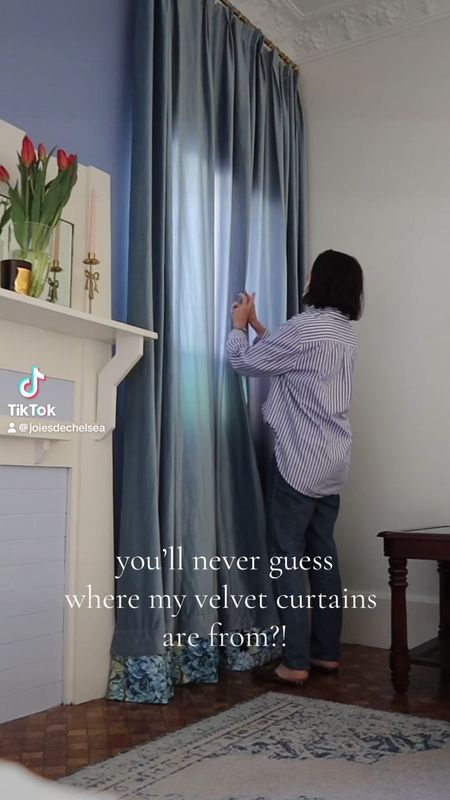 These blue velvet curtains were the best buy! I didn’t have the budget for custom curtains and our ceilings are supppper high. I found these on Temu for $35 a panel and then I added another trim at the bottom! 

#homestyling #diyhome #homedecor 

#LTKhome #LTKaustralia #LTKsale