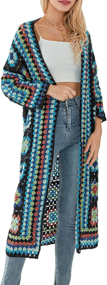 Womens Vintage Crochet Granny Square Cardigan Jumper Long Sleeve Button Down Floral Knitted Sweat... | Amazon (US)