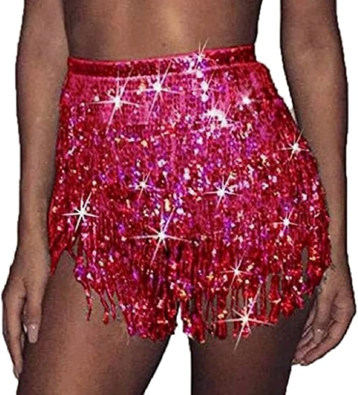 Women's Sequin Tassel Skirts Rave Fringe Hip Scarf for Festival | Amazon (US)