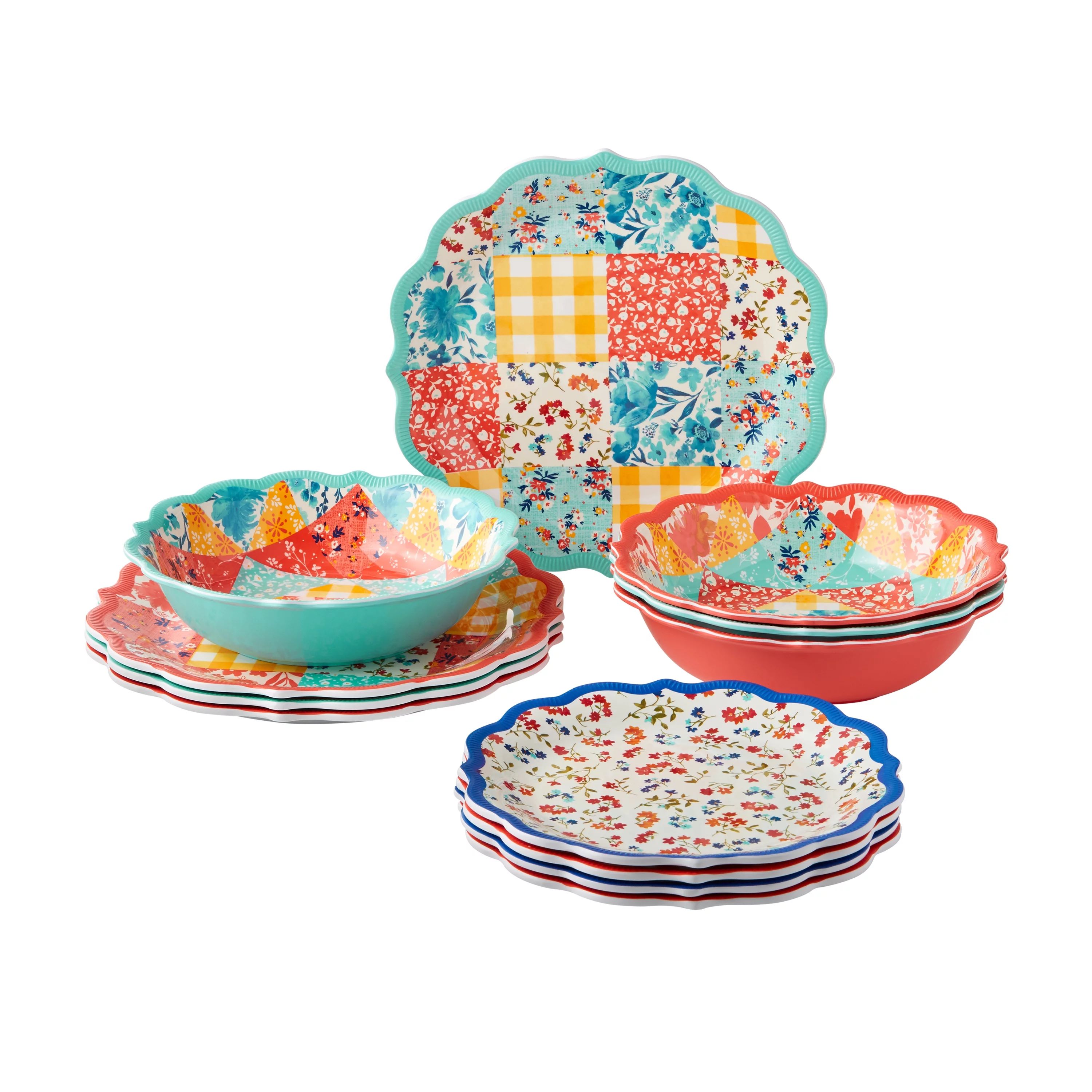 The Pioneer Woman Patchwork Medley 12-Piece Melamine Dinnerware Set - Walmart.com | Walmart (US)